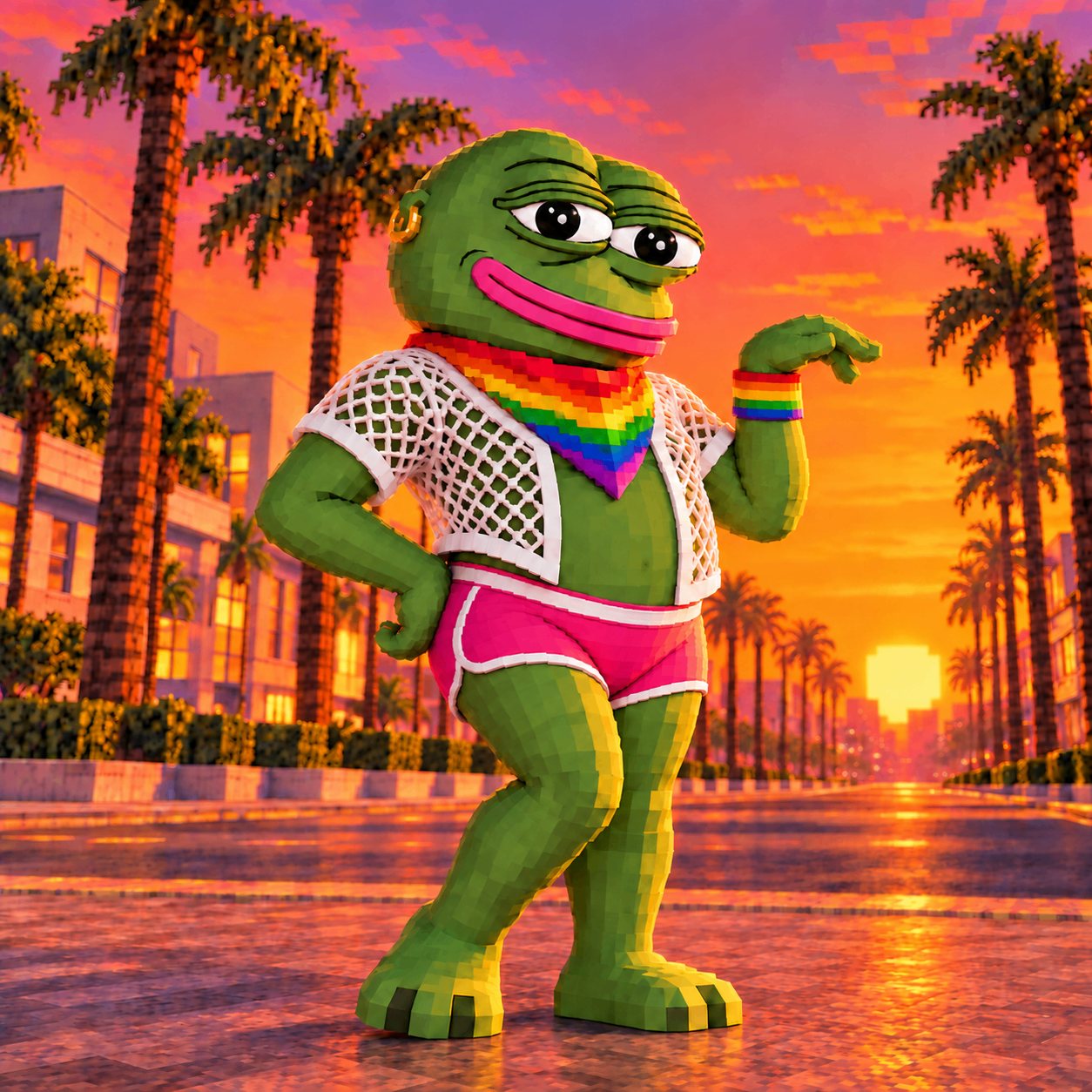 Gaype striking a hand-on-hip pose on a sunset boulevard lined with palm trees